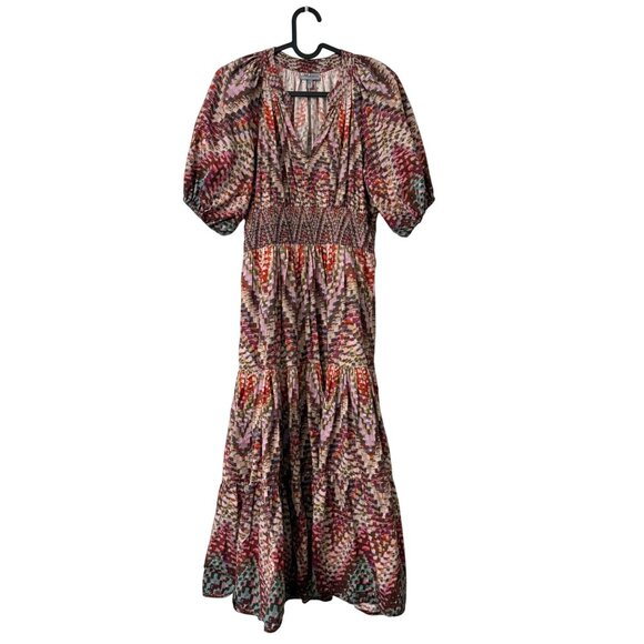 Anthropologie Conditions Apply Multicolor Geometric Puff Sleeve Midi Dress 2 - Picture 1 of 6